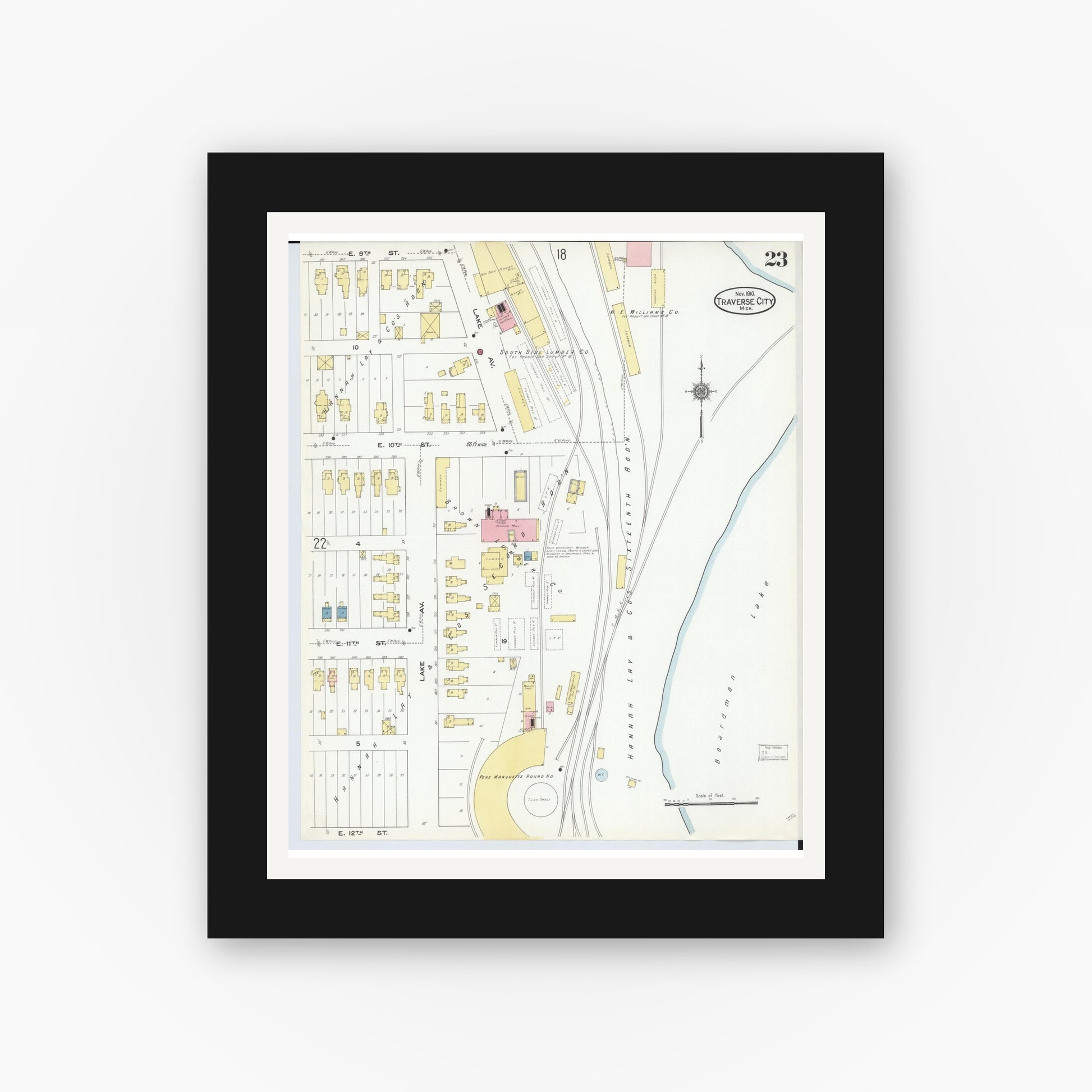 Old map wall art mockup — black gallery frame with white mat — Sanborn Fire Insurance Map from Traverse City, Grand Traverse County, Michigan (1910), Sheet #0023
