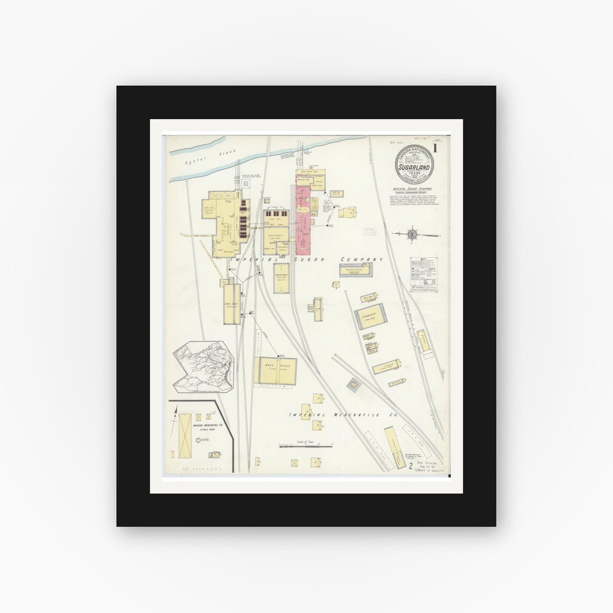 Old map wall art mockup — black gallery frame with white mat — Sanborn Fire Insurance Map from Sugarland, Fort Bend County, Texas (1913) - Complete Map Set