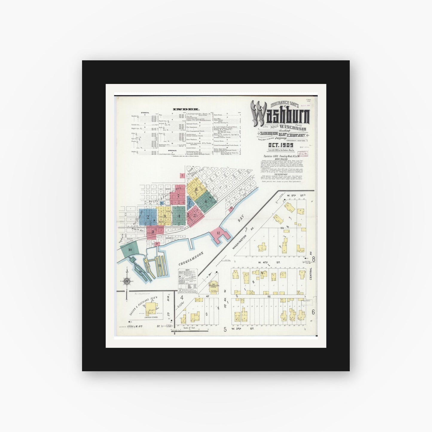 Old map wall art mockup — black gallery frame with white mat — Sanborn Fire Insurance Map from Washburn, Bayfield County, Wisconsin (1909) - Complete Map Set