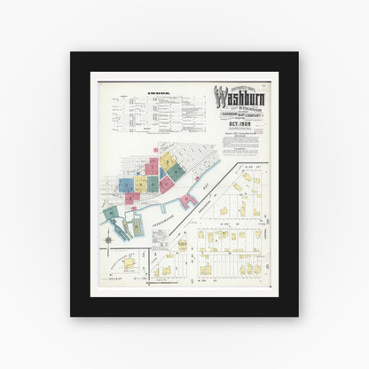 Old map wall art mockup — black gallery frame with white mat — Sanborn Fire Insurance Map from Washburn, Bayfield County, Wisconsin (1909) - Complete Map Set