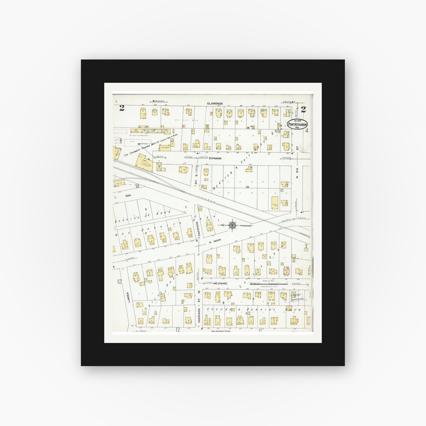 Old map wall art mockup — black gallery frame with white mat — Sanborn Fire Insurance Map from Fort Atkinson, Jefferson County, Wisconsin (1924), Sheet #0002