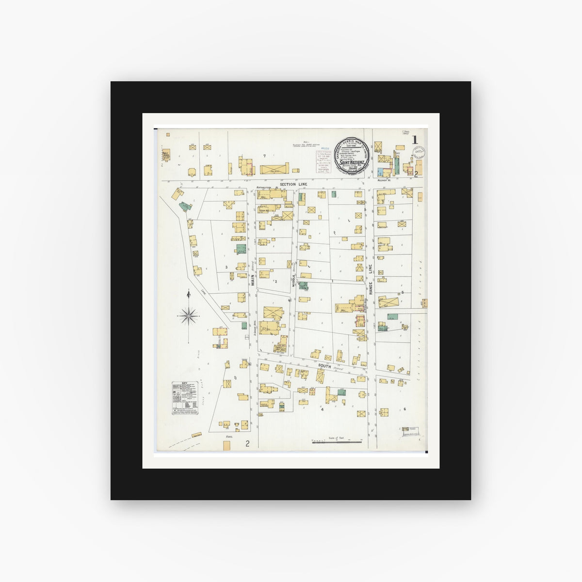 Old map wall art mockup — black gallery frame with white mat — Sanborn Fire Insurance Map from Saint Nazianz, Manitowoc County, Wisconsin (1900) - Complete Map Set