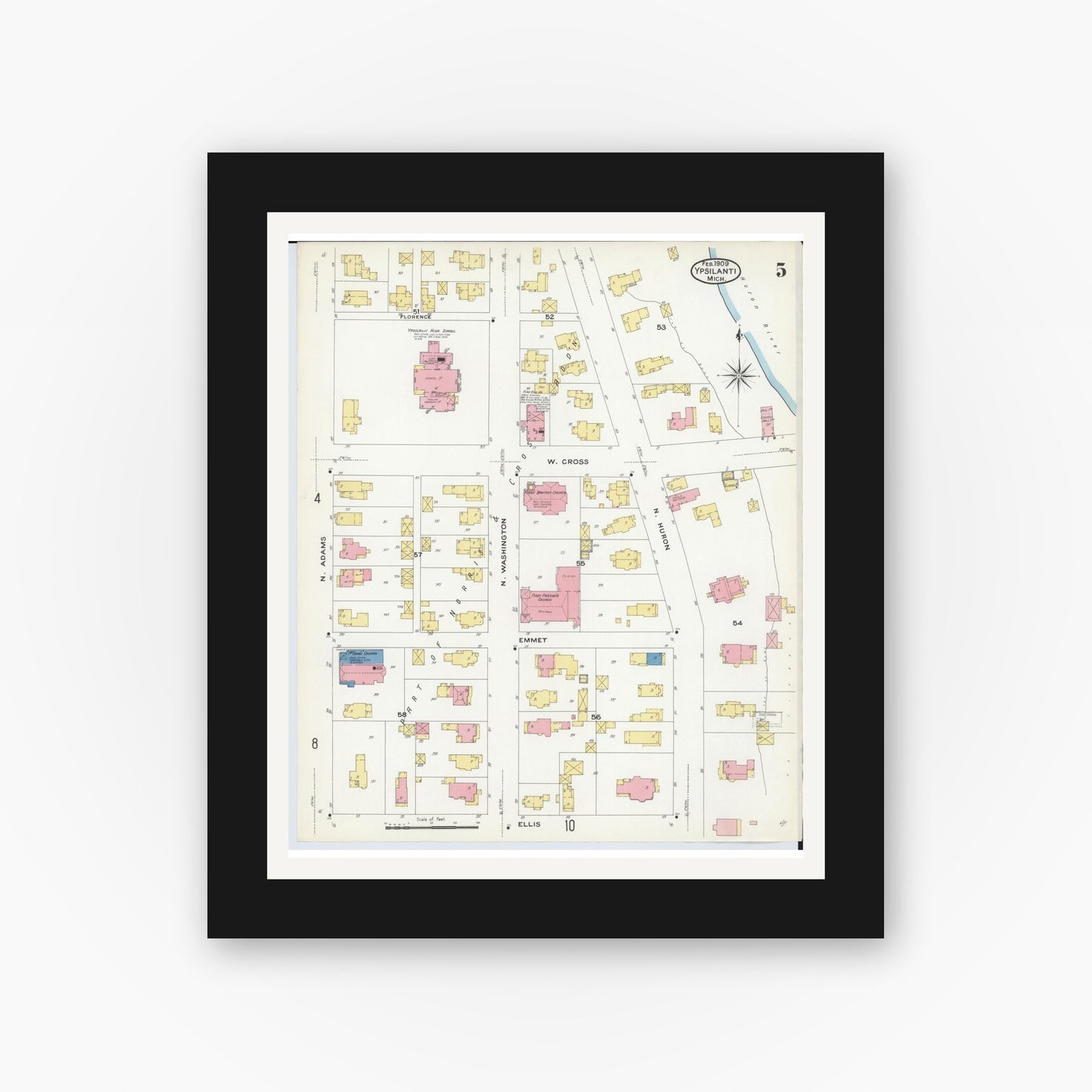 Old map wall art mockup — black gallery frame with white mat — Sanborn Fire Insurance Map from Ypsilanti, Washtenaw County, Michigan (1909), Sheet #0005
