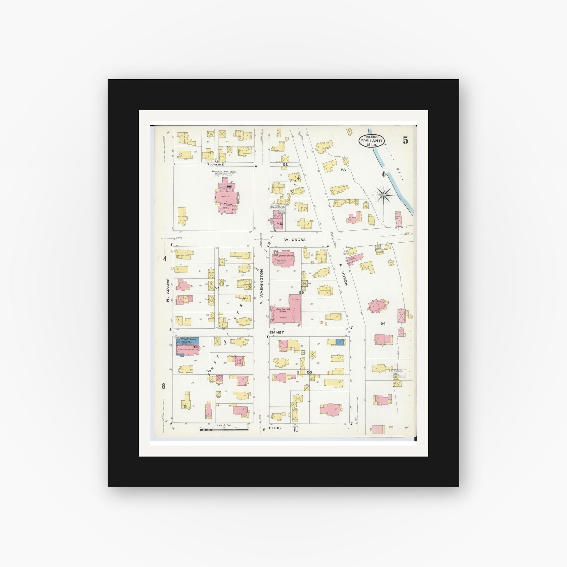Old map wall art mockup — black gallery frame with white mat — Sanborn Fire Insurance Map from Ypsilanti, Washtenaw County, Michigan (1909), Sheet #0005