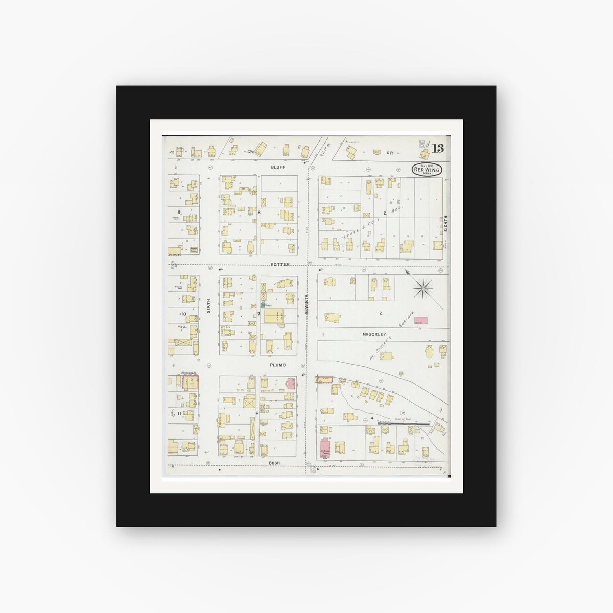 Old map wall art mockup — black gallery frame with white mat — Sanborn Fire Insurance Map from Red Wing, Goodhue County, Minnesota (1895), Sheet #0013