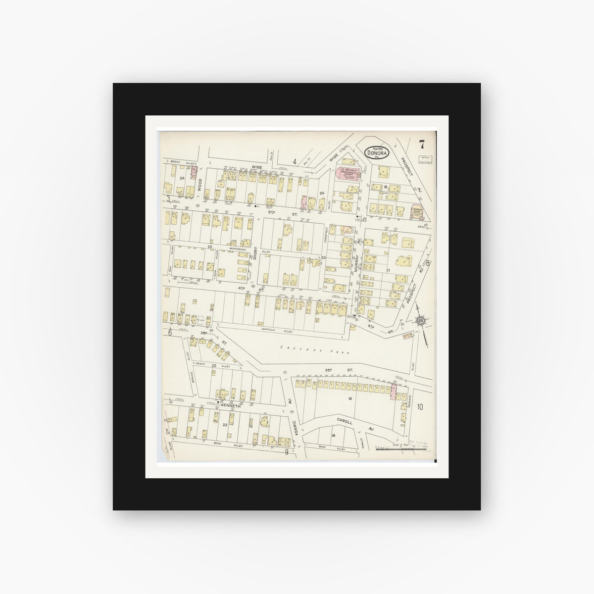 Old map wall art mockup — black gallery frame with white mat — Sanborn Fire Insurance Map from Donora, Washington County, Pennsylvania (1914), Sheet #0007