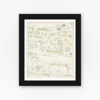 Old map wall art mockup — black gallery frame with white mat — Sanborn Fire Insurance Map from Donora, Washington County, Pennsylvania (1914), Sheet #0007