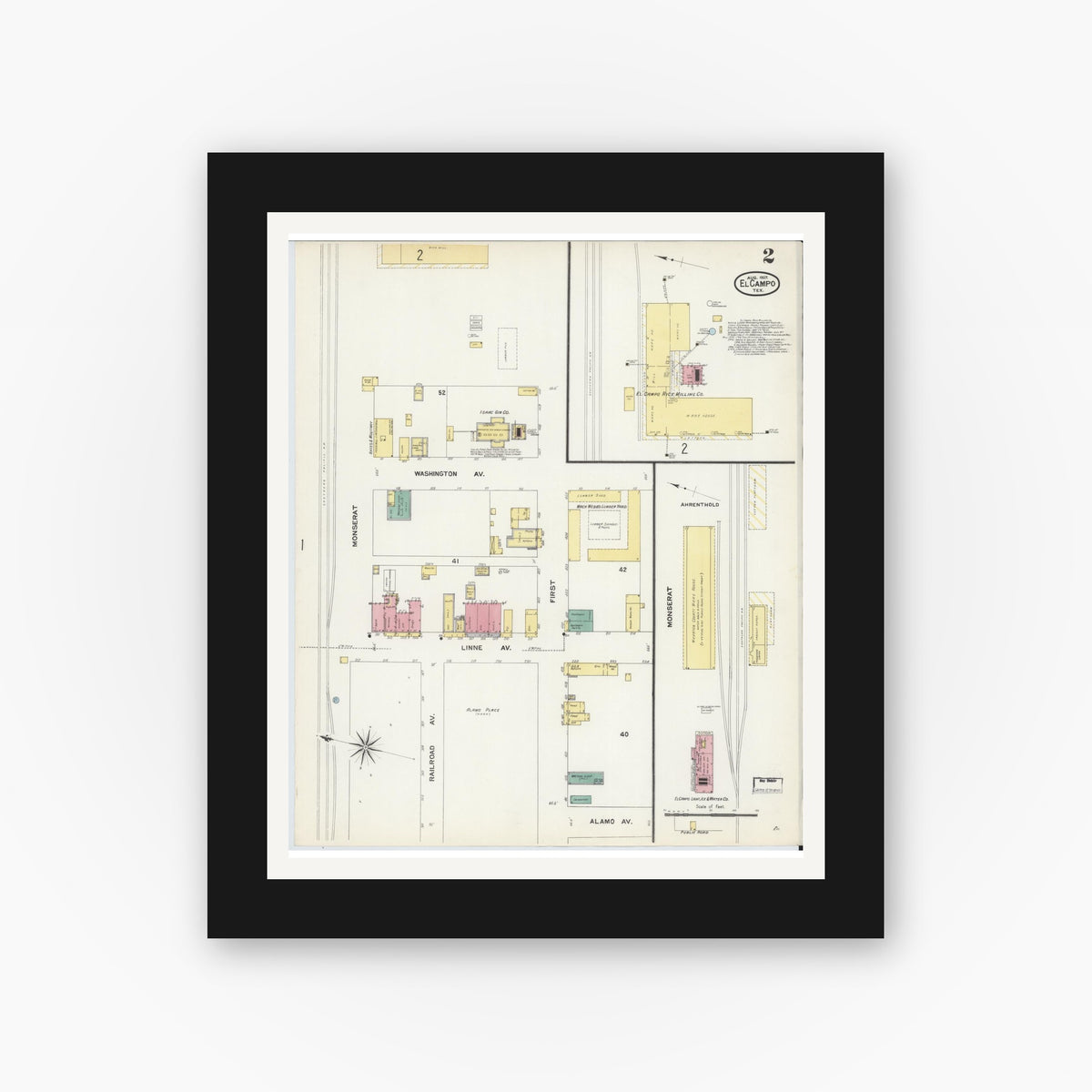 Old map wall art mockup — black gallery frame with white mat — Sanborn Fire Insurance Map from El Campo, Wharton County, Texas (1907), Sheet #0002