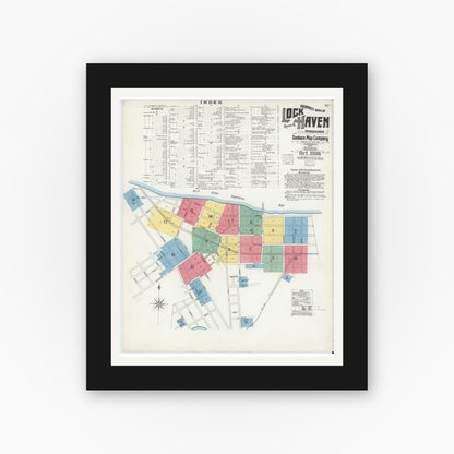 Old map wall art mockup — black gallery frame with white mat — Sanborn Fire Insurance Map from Lock Haven, Clinton County, Pennsylvania (1906) - Complete Map Set