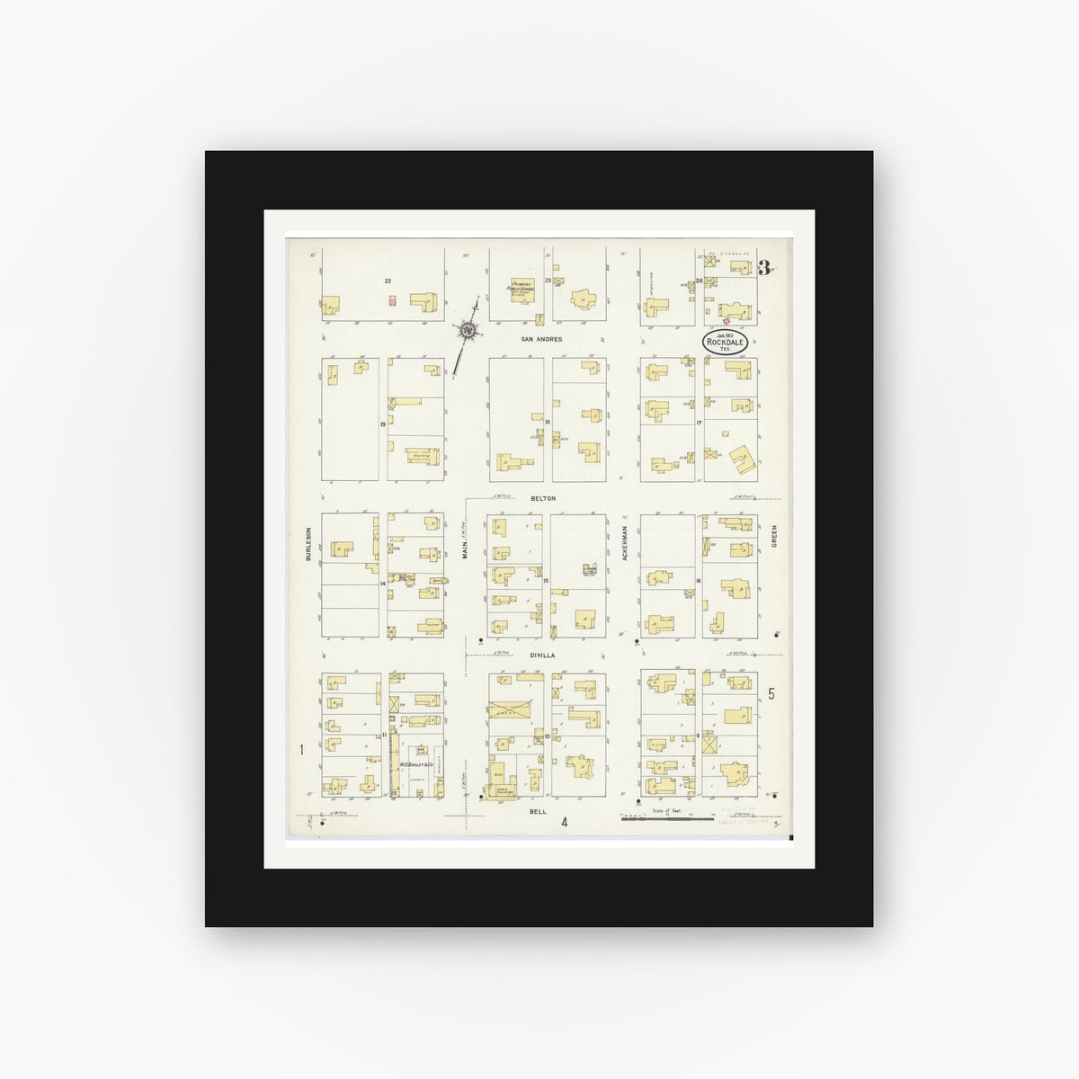 Old map wall art mockup — black gallery frame with white mat — Sanborn Fire Insurance Map from Rockdale, Milam County, Texas (1912), Sheet #0003