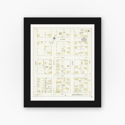 Old map wall art mockup — black gallery frame with white mat — Sanborn Fire Insurance Map from Rockdale, Milam County, Texas (1912), Sheet #0003