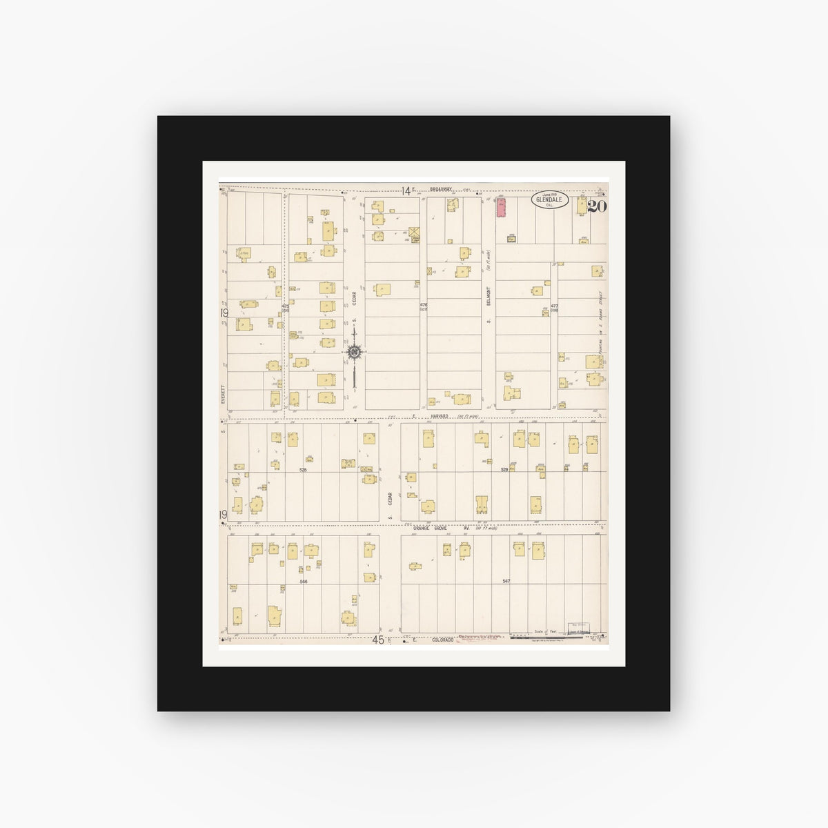 Old map wall art mockup — black gallery frame with white mat — Sanborn Fire Insurance Map from Glendale, Los Angeles County, California (1919), Sheet #0020