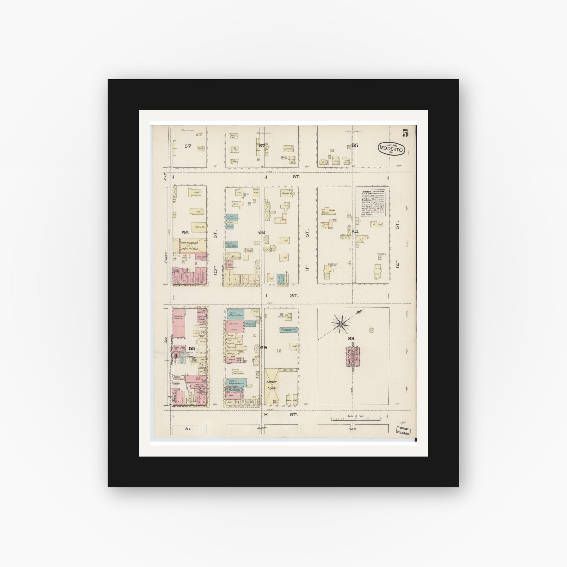 Old map wall art mockup — black gallery frame with white mat — Sanborn Fire Insurance Map from Modesto, Stanislaus County, California (1885), Sheet #0005