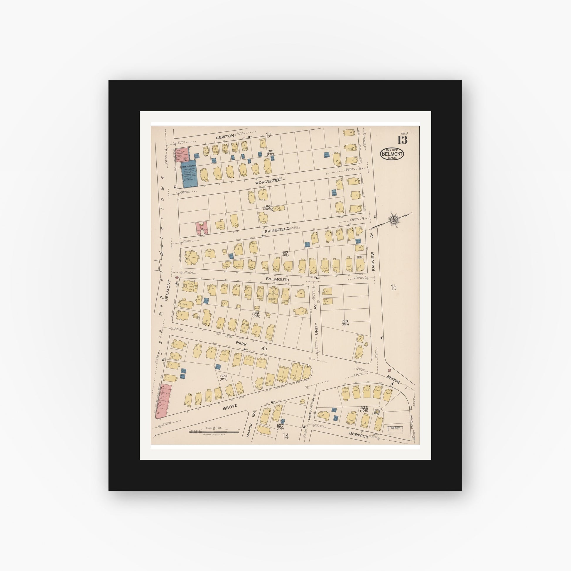 Old map wall art mockup — black gallery frame with white mat — Sanborn Fire Insurance Map from Belmont, Middlesex County, Massachusetts (1922), Sheet #0013