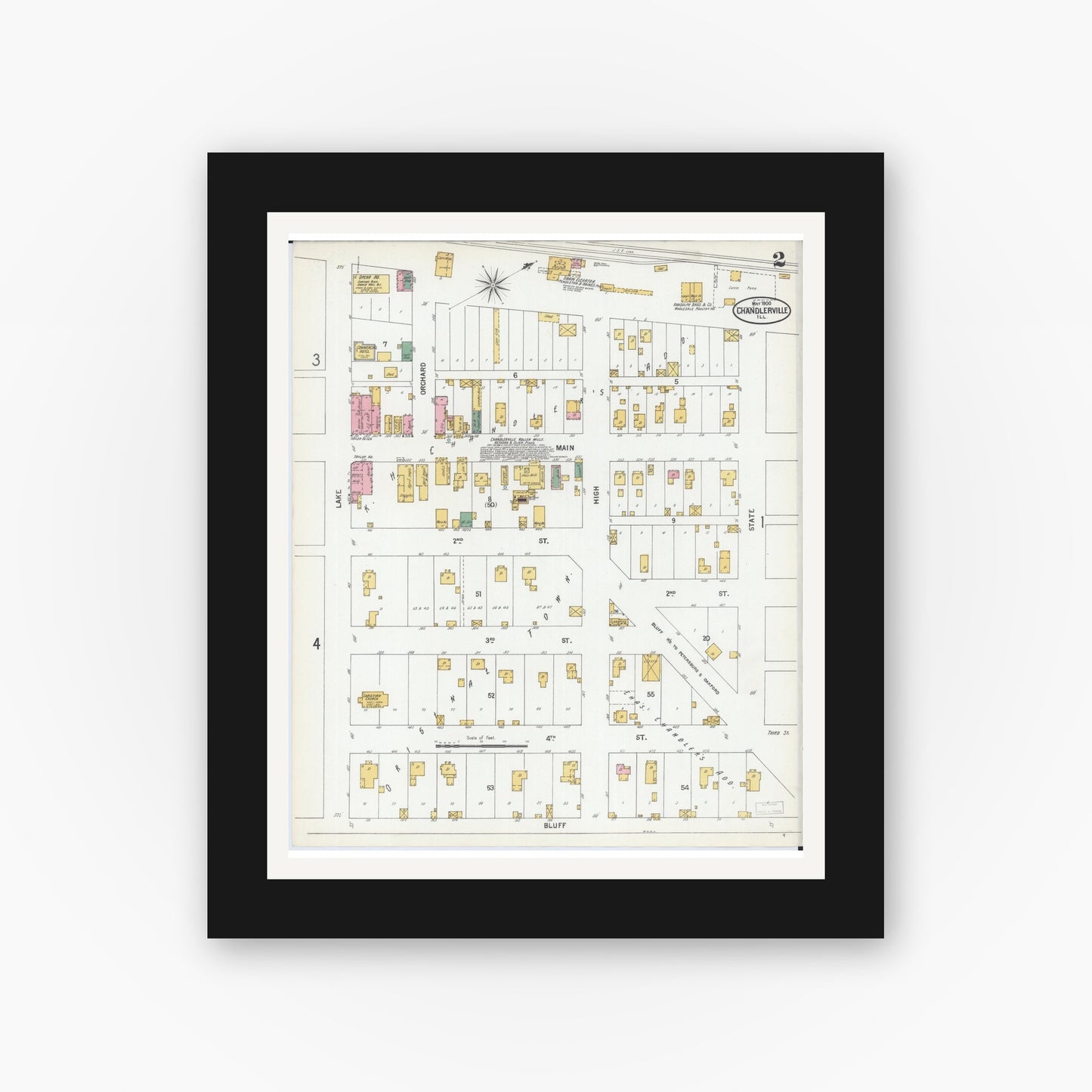 Old map wall art mockup — black gallery frame with white mat — Sanborn Fire Insurance Map from Chandlerville, Cass County, Illinois (1900), Sheet #0002