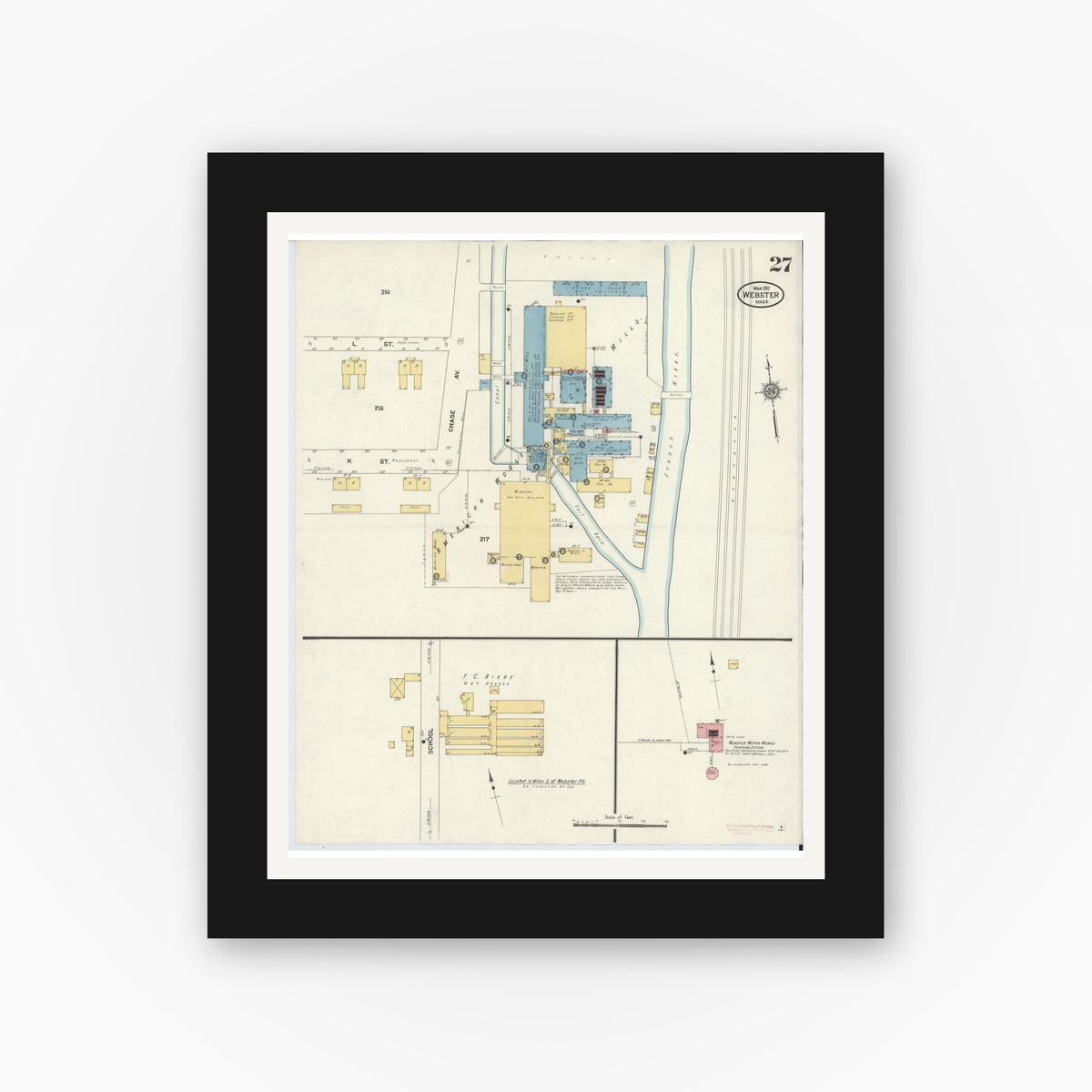 Old map wall art mockup — black gallery frame with white mat — Sanborn Fire Insurance Map from Webster, Worcester County, Massachusetts (1911), Sheet #0027