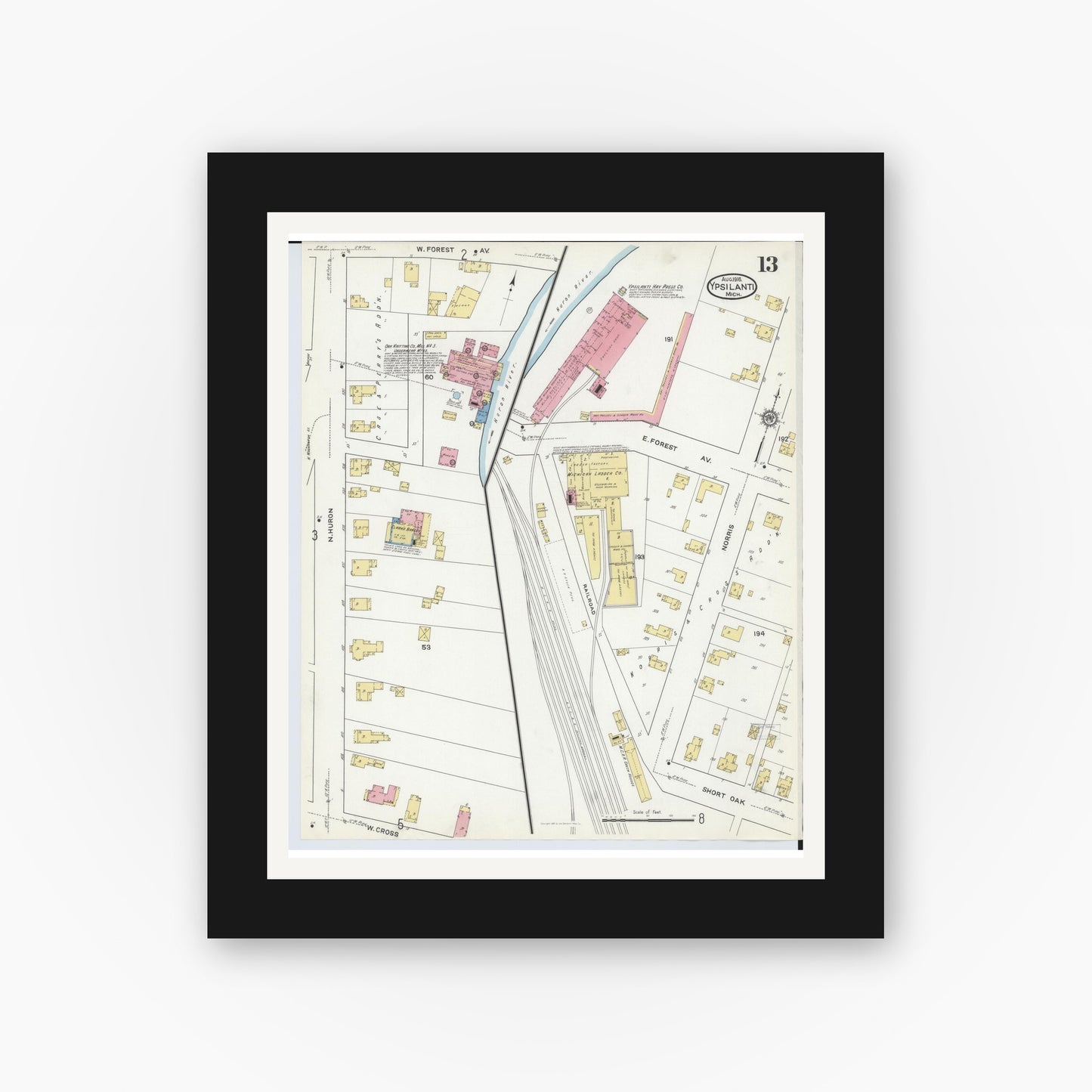 Old map wall art mockup — black gallery frame with white mat — Sanborn Fire Insurance Map from Ypsilanti, Washtenaw County, Michigan (1916), Sheet #0013