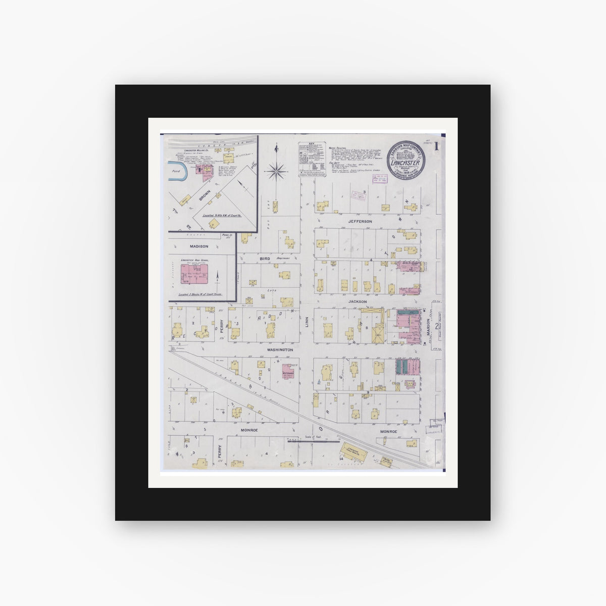 Old map wall art mockup — black gallery frame with white mat — Sanborn Fire Insurance Map from Lancaster, Schuyler County, Missouri (1909) - Complete Map Set