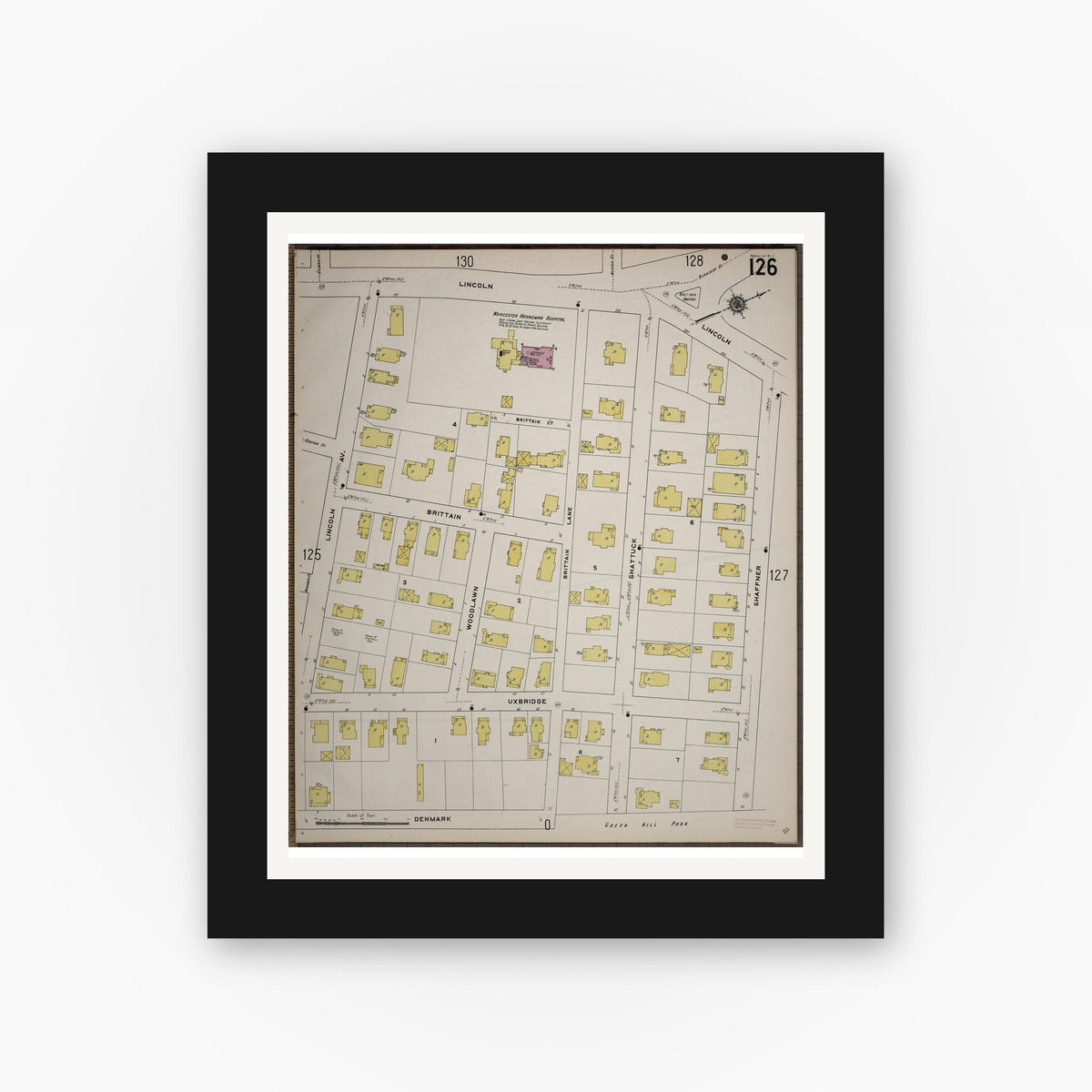 Old map wall art mockup — black gallery frame with white mat — Sanborn Fire Insurance Map from Worcester, Worcester County, Massachusetts (1910), Sheet #0126