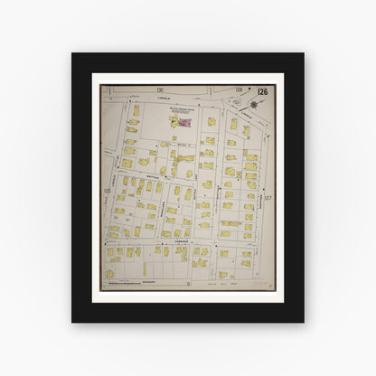 Old map wall art mockup — black gallery frame with white mat — Sanborn Fire Insurance Map from Worcester, Worcester County, Massachusetts (1910), Sheet #0126
