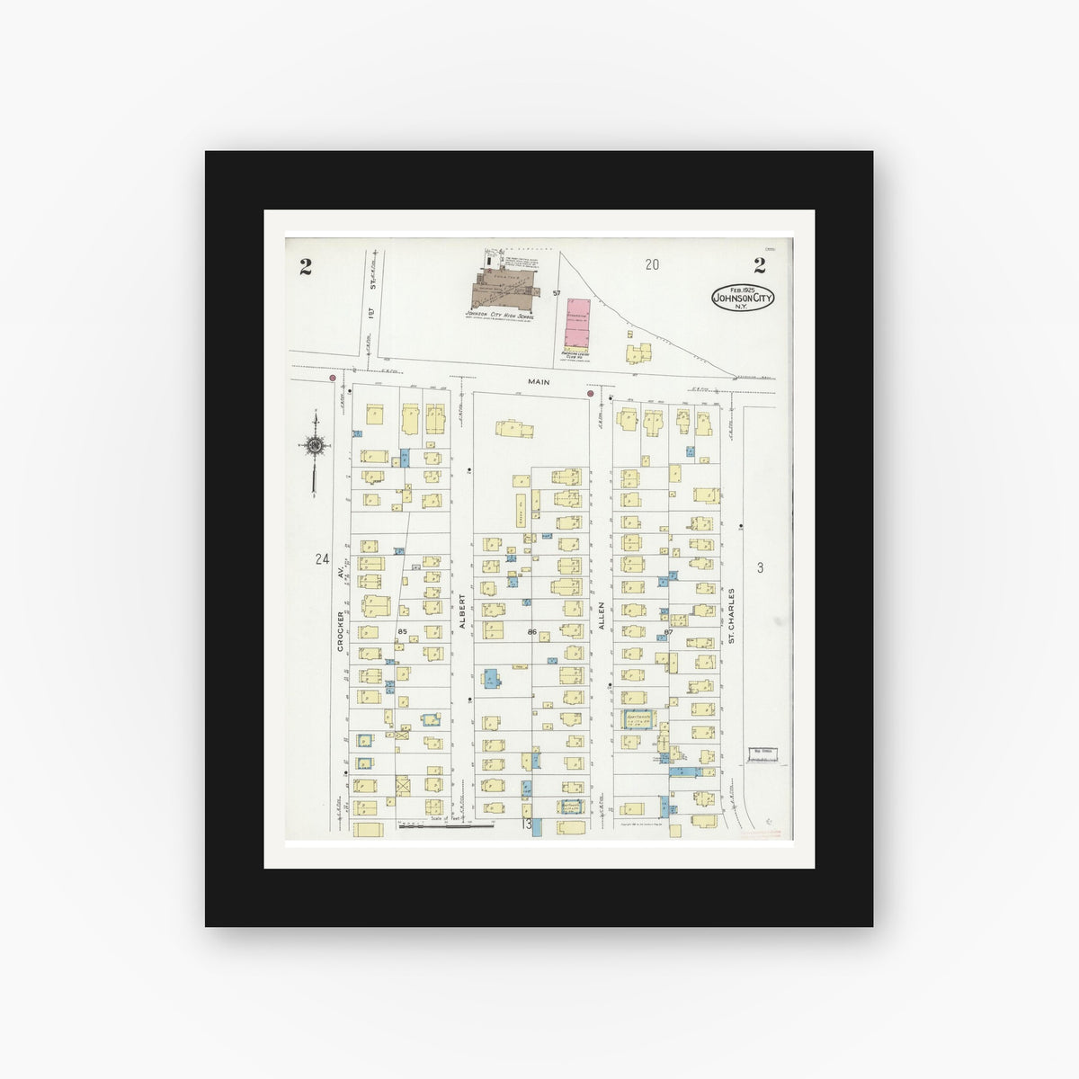 Old map wall art mockup — black gallery frame with white mat — Sanborn Fire Insurance Map from Johnson City, Broome County, New York (1925) - Complete Map Set