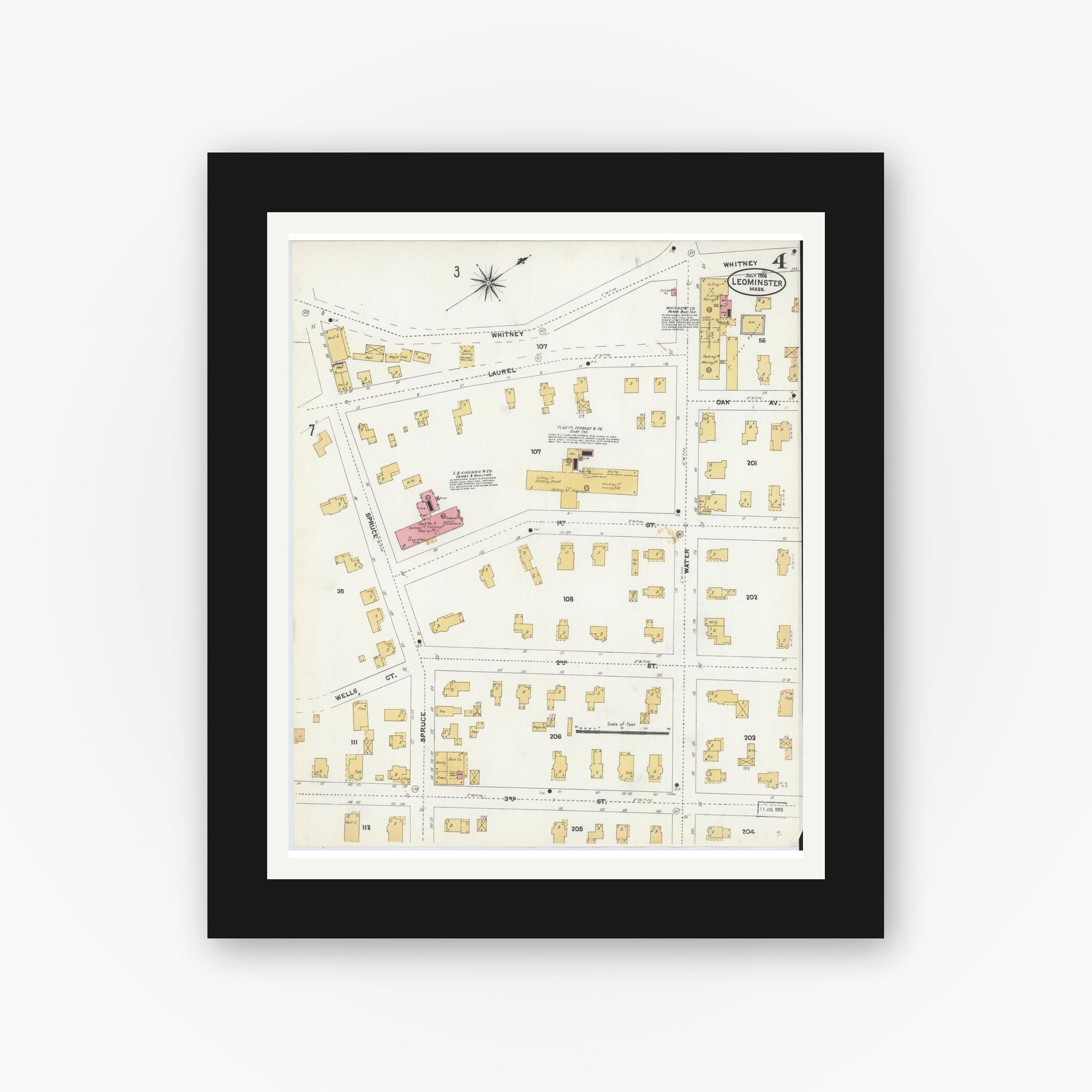Old map wall art mockup — black gallery frame with white mat — Sanborn Fire Insurance Map from Leominster, Worcester County, Massachusetts (1906), Sheet #0004