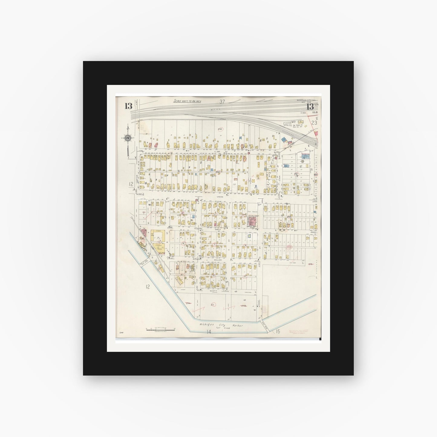 Old map wall art mockup — black gallery frame with white mat — Sanborn Fire Insurance Map from Michigan City, La Porte County, Indiana (1948), Sheet #0013