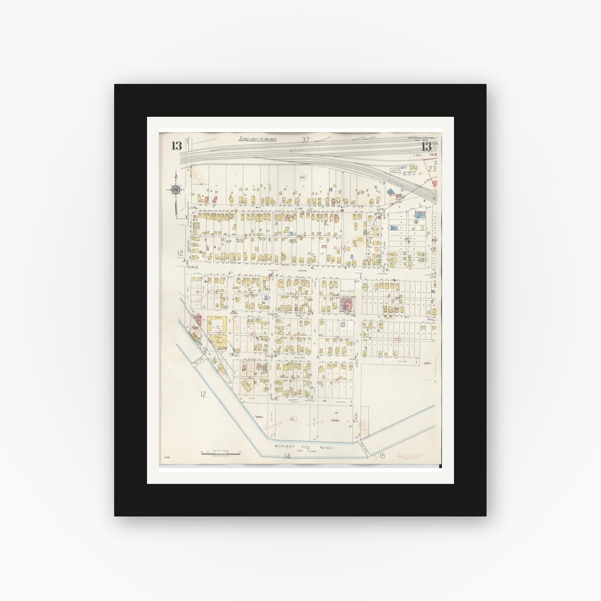 Old map wall art mockup — black gallery frame with white mat — Sanborn Fire Insurance Map from Michigan City, La Porte County, Indiana (1948), Sheet #0013