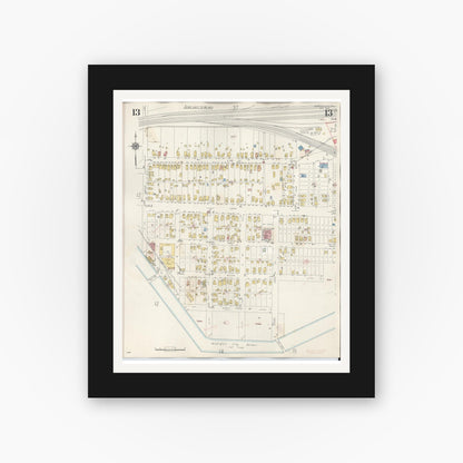 Old map wall art mockup — black gallery frame with white mat — Sanborn Fire Insurance Map from Michigan City, La Porte County, Indiana (1948), Sheet #0013