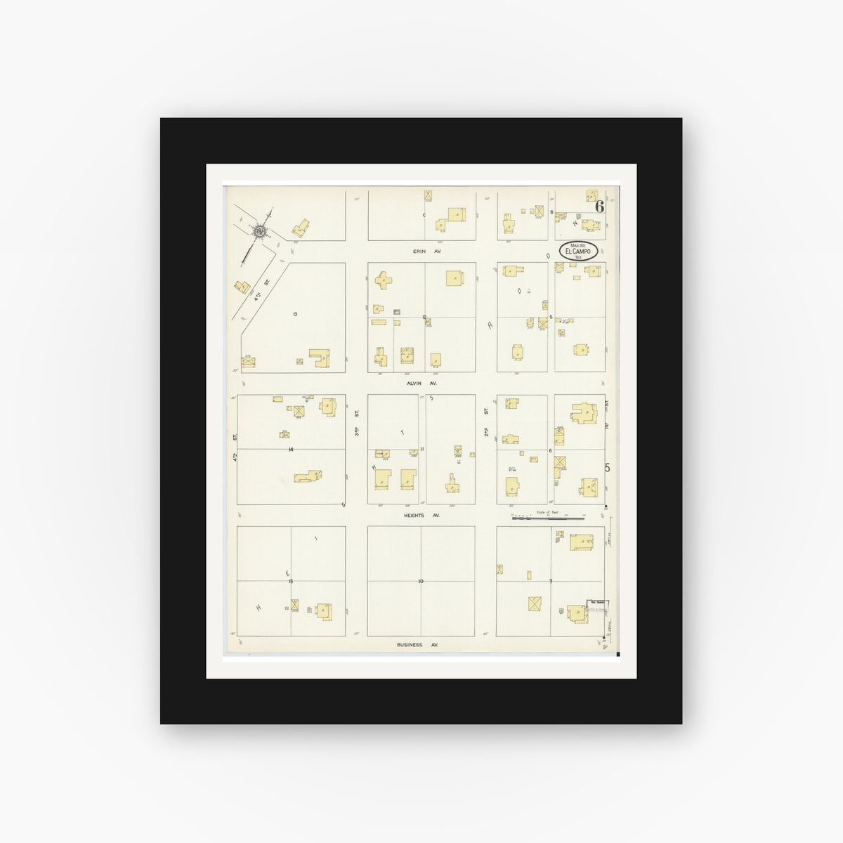 Old map wall art mockup — black gallery frame with white mat — Sanborn Fire Insurance Map from El Campo, Wharton County, Texas (1912), Sheet #0006