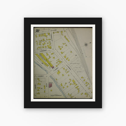 Old map wall art mockup — black gallery frame with white mat — Sanborn Fire Insurance Map from Akron, Summit County, Ohio (1892), Sheet #0027