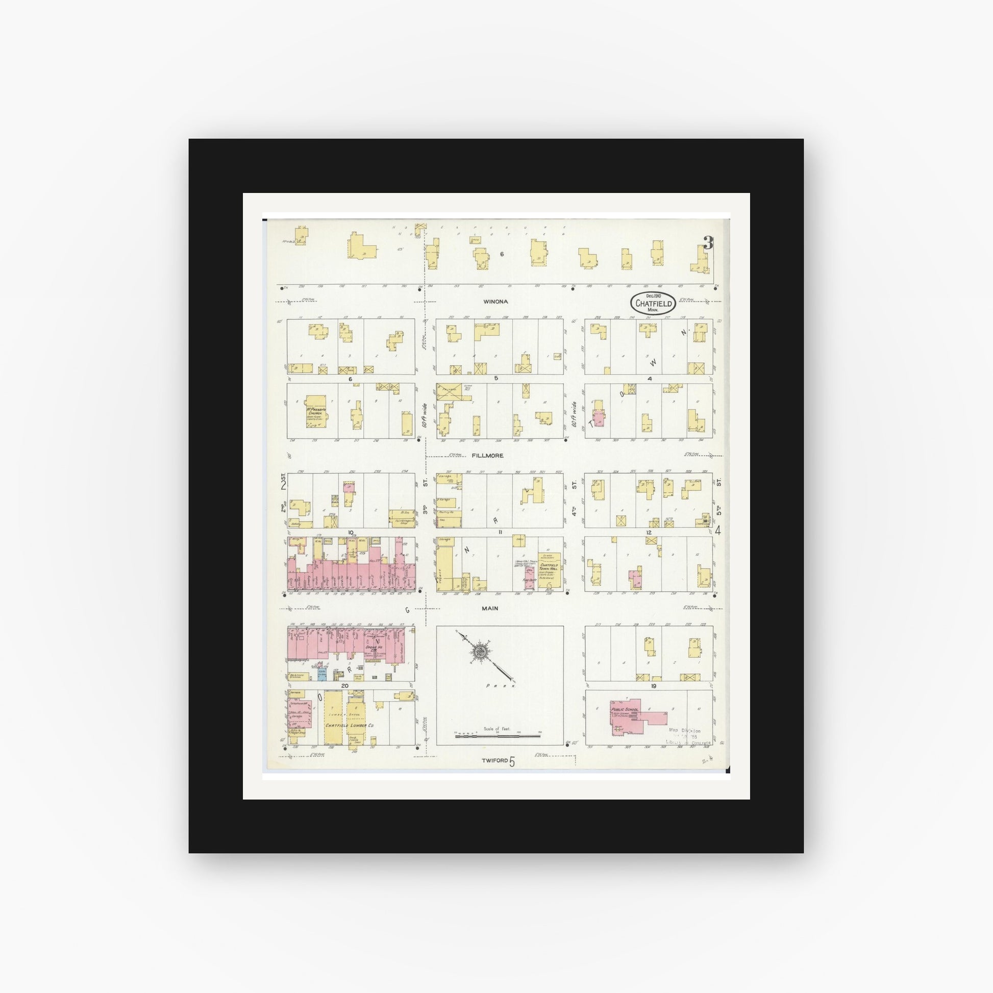 Old map wall art mockup — black gallery frame with white mat — Sanborn Fire Insurance Map from Chatfield, Fillmore And Olmsted Counties, Minnesota (1910), Sheet #0003