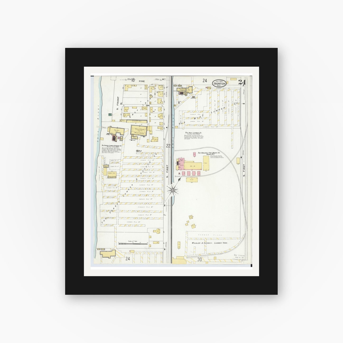 Old map wall art mockup — black gallery frame with white mat — Sanborn Fire Insurance Map from Ironton, Lawrence County, Ohio (1909), Sheet #0024