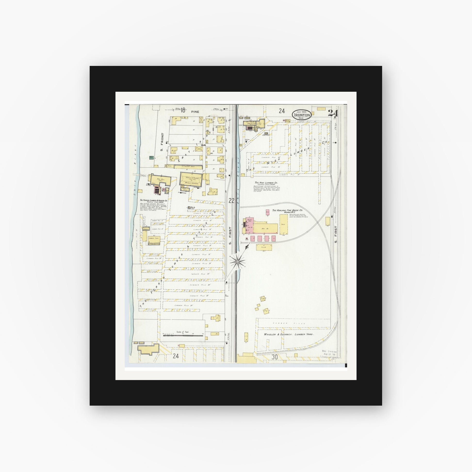Old map wall art mockup — black gallery frame with white mat — Sanborn Fire Insurance Map from Ironton, Lawrence County, Ohio (1909), Sheet #0024