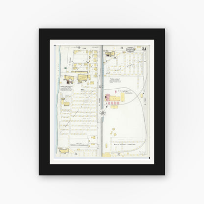 Old map wall art mockup — black gallery frame with white mat — Sanborn Fire Insurance Map from Ironton, Lawrence County, Ohio (1909), Sheet #0024