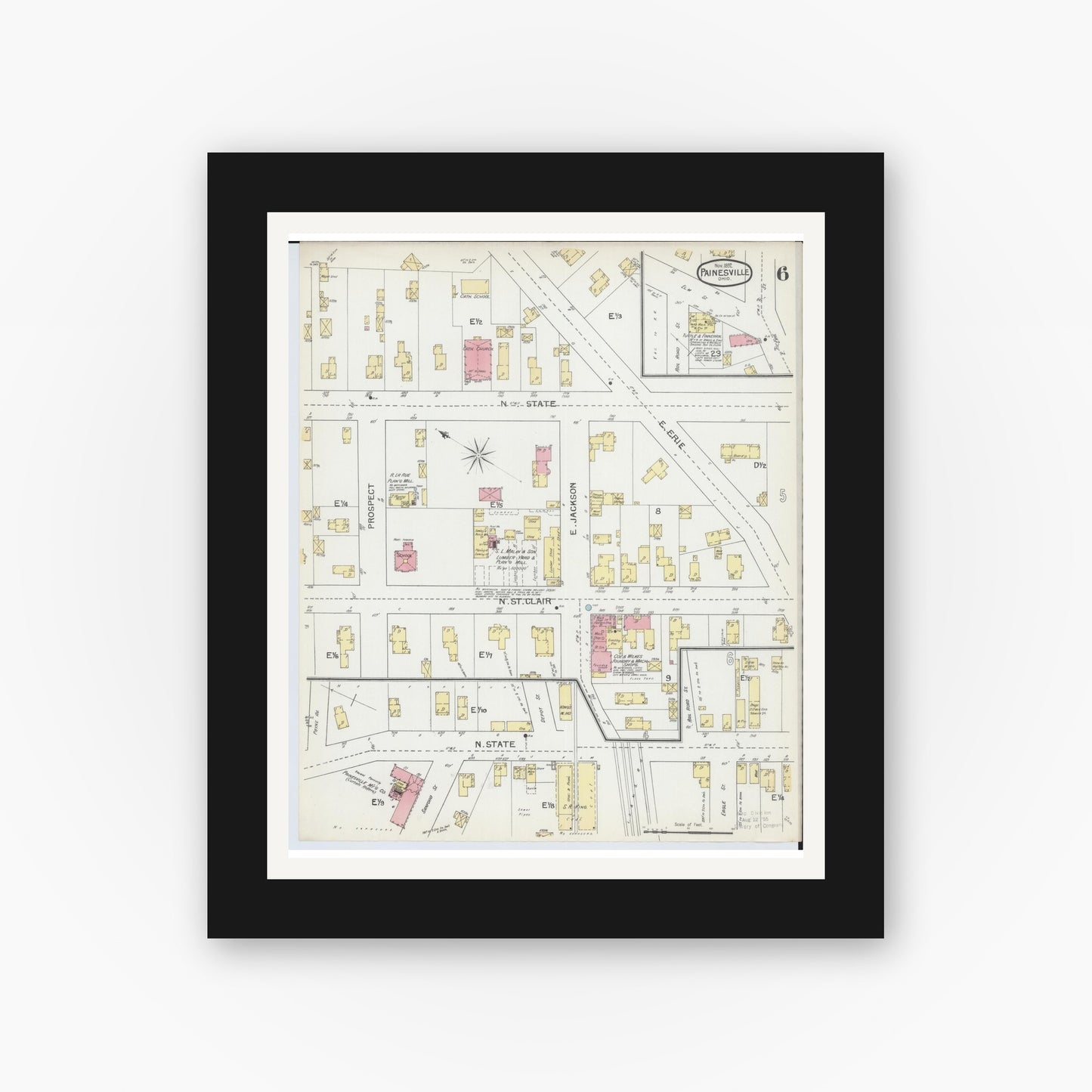 Old map wall art mockup — black gallery frame with white mat — Sanborn Fire Insurance Map from Painesville, Lake County, Ohio (1892), Sheet #0006