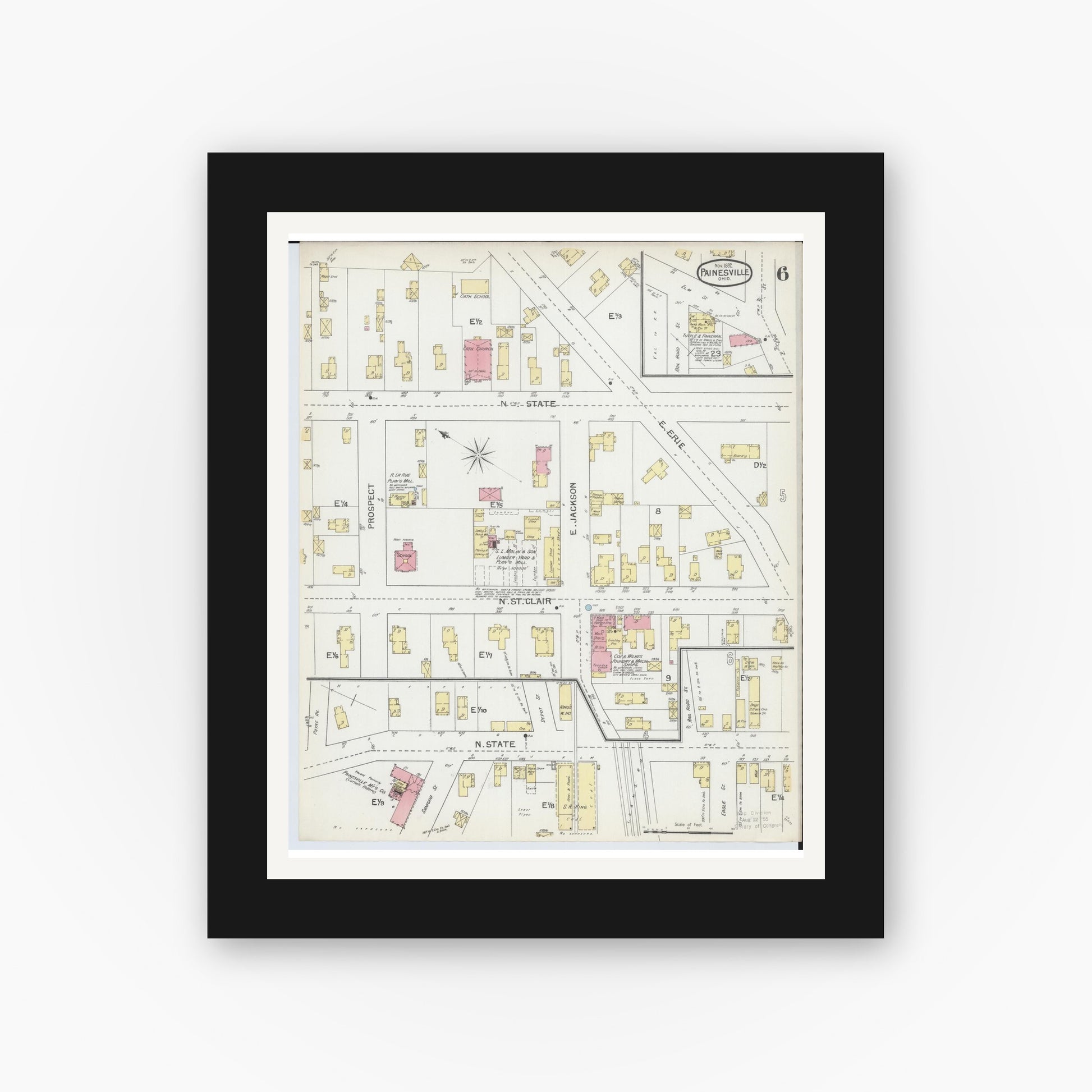 Old map wall art mockup — black gallery frame with white mat — Sanborn Fire Insurance Map from Painesville, Lake County, Ohio (1892), Sheet #0006