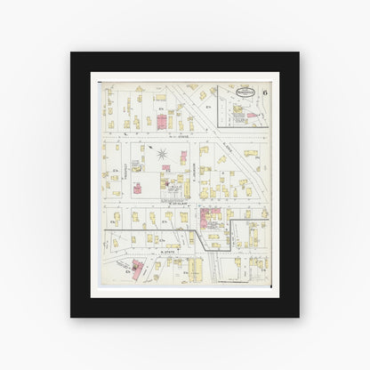 Old map wall art mockup — black gallery frame with white mat — Sanborn Fire Insurance Map from Painesville, Lake County, Ohio (1892), Sheet #0006