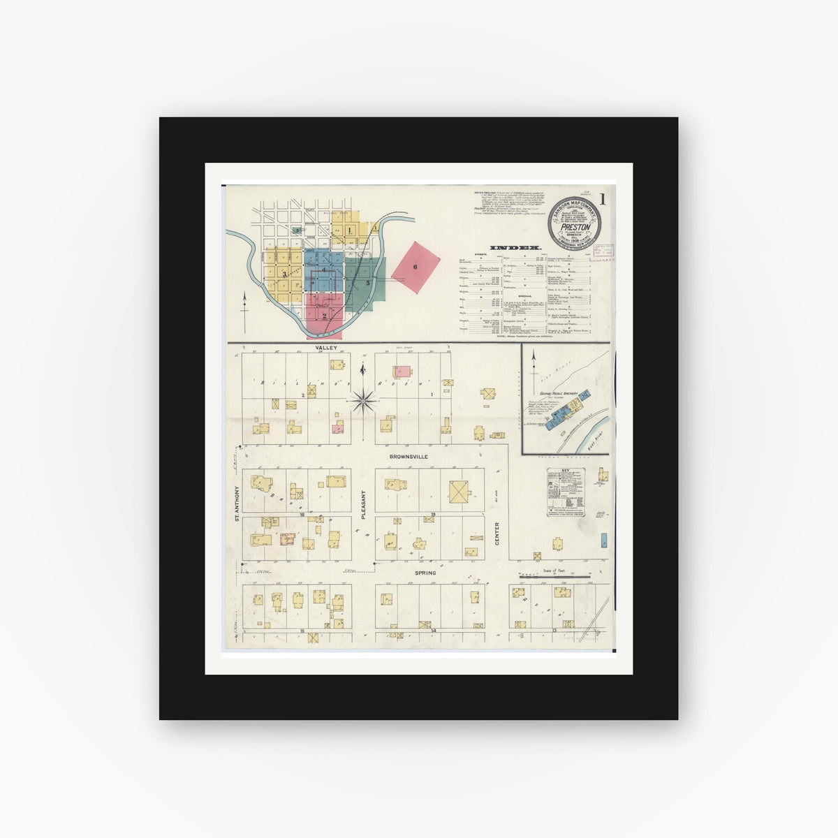 Old map wall art mockup — black gallery frame with white mat — Sanborn Fire Insurance Map from Preston, Fillmore County, Minnesota (1909) - Complete Map Set