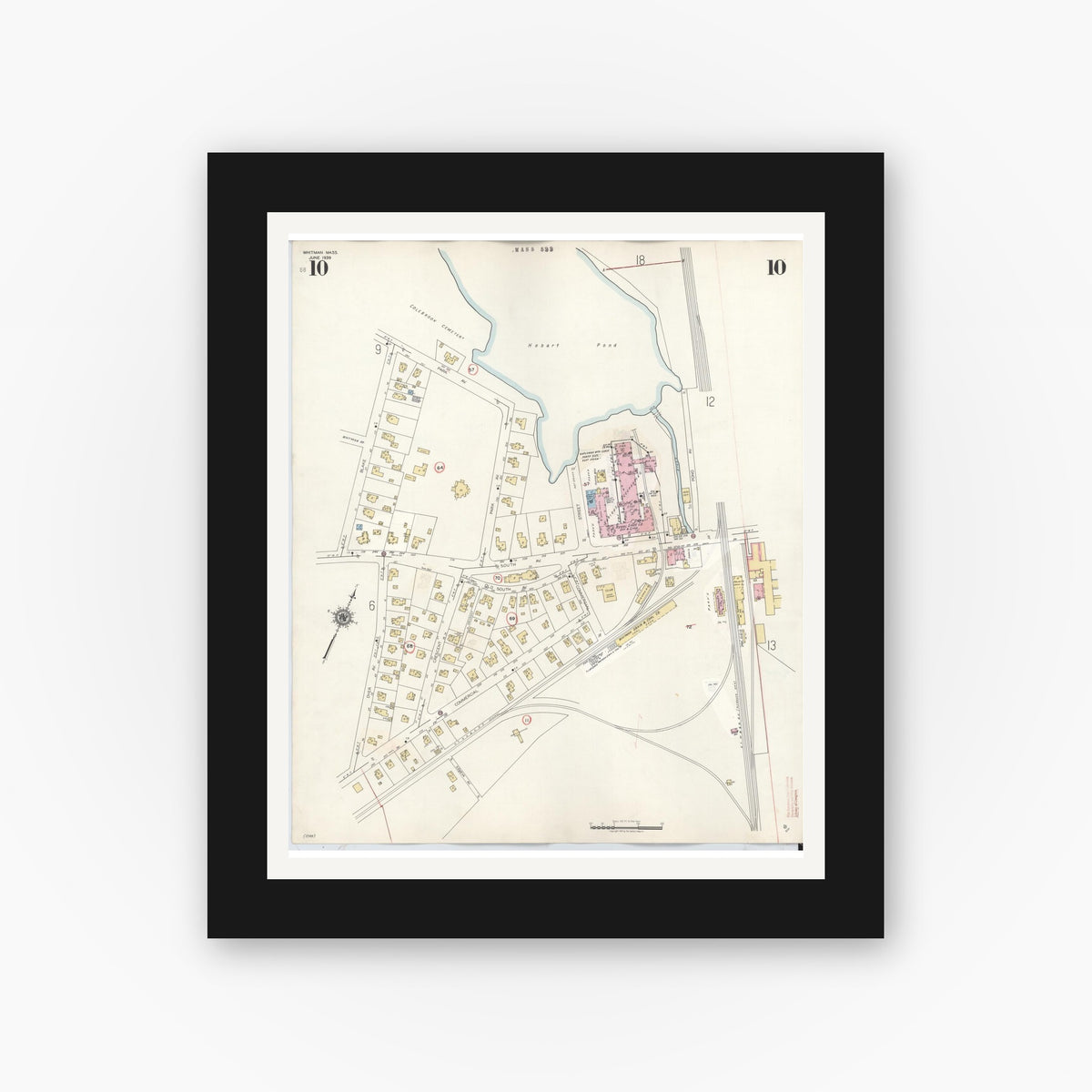 Old map wall art mockup — black gallery frame with white mat — Sanborn Fire Insurance Map from Whitman, Plymouth County, Massachusetts (1950), Sheet #0010