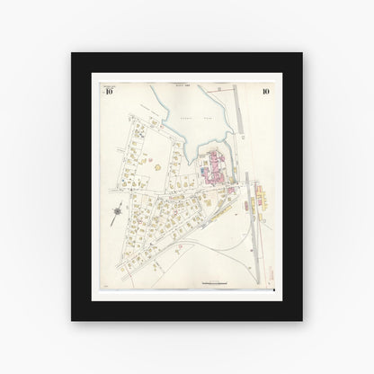 Old map wall art mockup — black gallery frame with white mat — Sanborn Fire Insurance Map from Whitman, Plymouth County, Massachusetts (1950), Sheet #0010