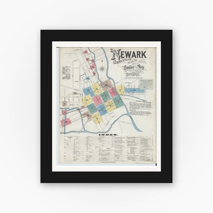 Old map wall art mockup — black gallery frame with white mat — Sanborn Fire Insurance Map from Newark, Licking County, Ohio (1893) - Complete Map Set
