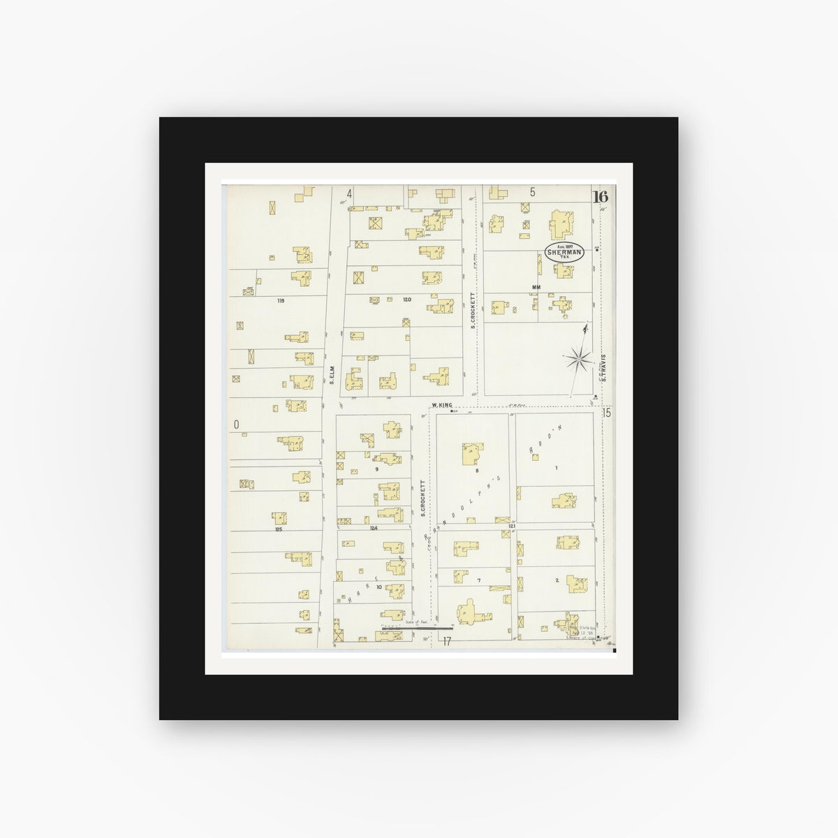 Old map wall art mockup — black gallery frame with white mat — Sanborn Fire Insurance Map from Sherman, Grayson County, Texas (1897), Sheet #0016