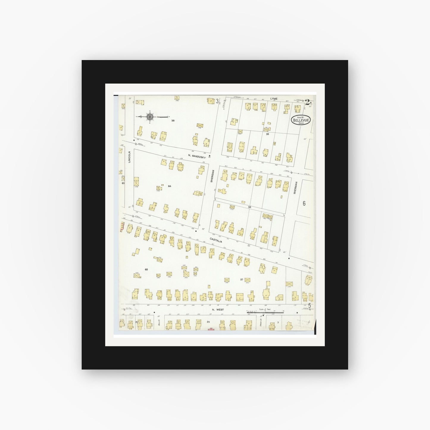 Old map wall art mockup — black gallery frame with white mat — Sanborn Fire Insurance Map from Bellevue, Huron And Sandusky County, Ohio (1911), Sheet #0002