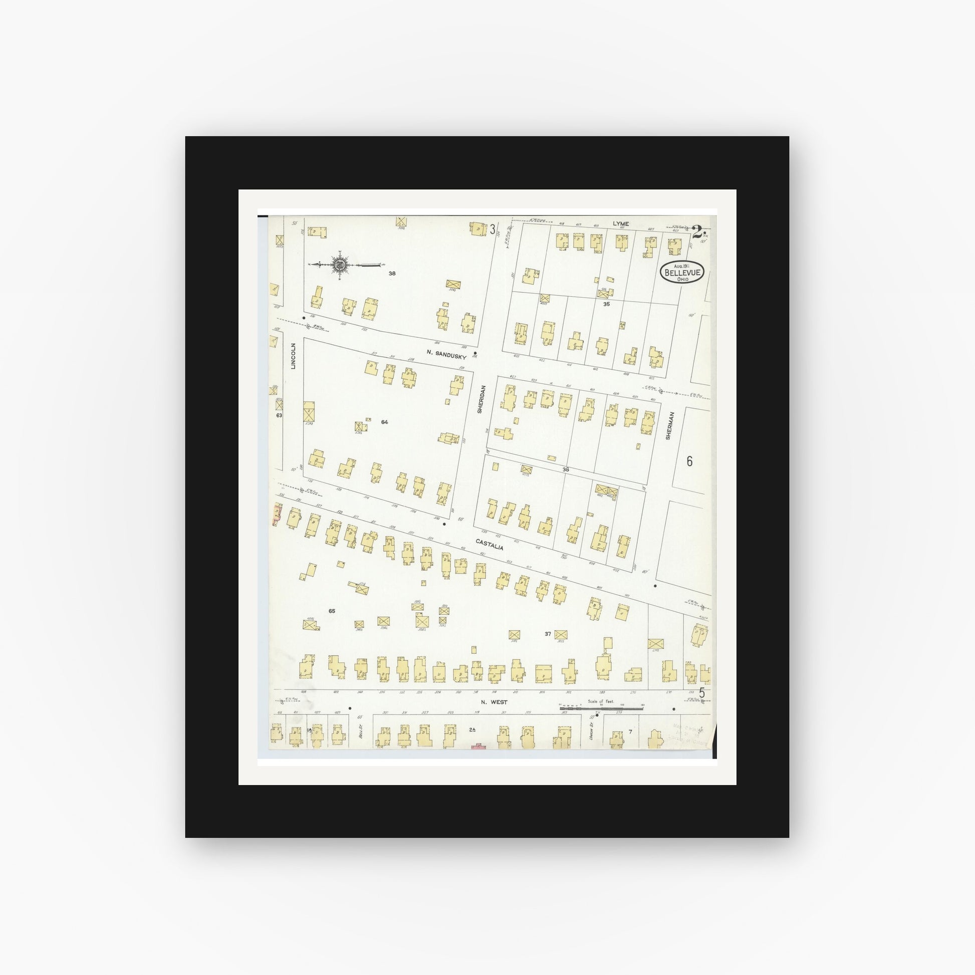 Old map wall art mockup — black gallery frame with white mat — Sanborn Fire Insurance Map from Bellevue, Huron And Sandusky County, Ohio (1911), Sheet #0002