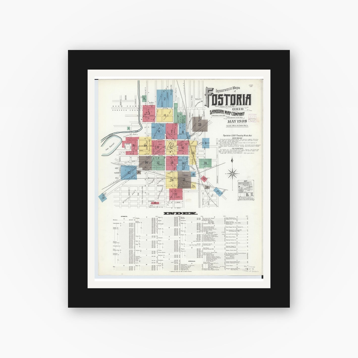 Old map wall art mockup — black gallery frame with white mat — Sanborn Fire Insurance Map from Fostoria, Seneca, Hancock, And Wood Counties, Ohio (1908), Sheet #0001