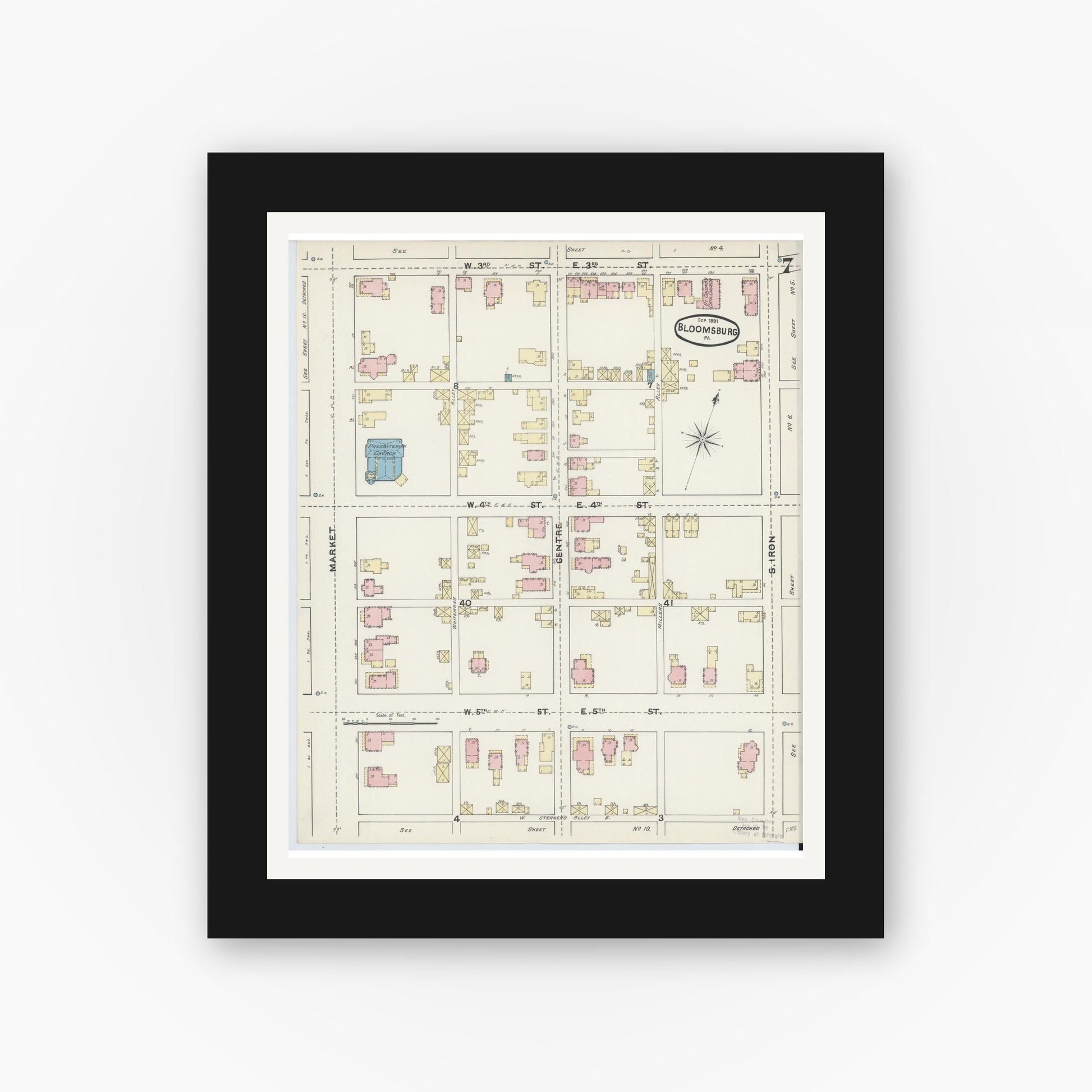 Old map wall art mockup — black gallery frame with white mat — Sanborn Fire Insurance Map from Bloomsburg, Columbia County, Pennsylvania (1891), Sheet #0007
