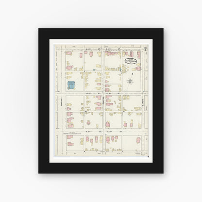Old map wall art mockup — black gallery frame with white mat — Sanborn Fire Insurance Map from Bloomsburg, Columbia County, Pennsylvania (1891), Sheet #0007