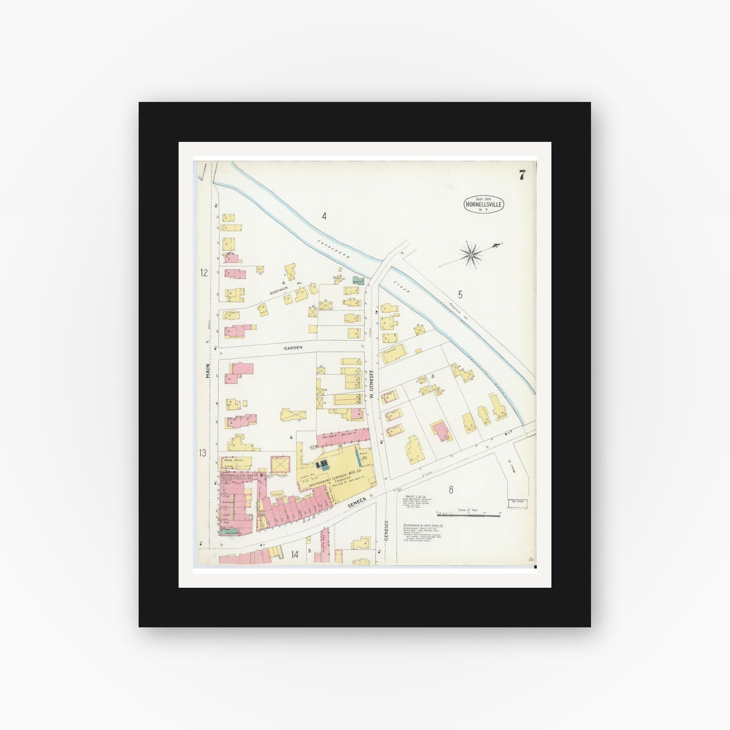 Old map wall art mockup — black gallery frame with white mat — Sanborn Fire Insurance Map from Hornell, Steuben County, New York (1904), Sheet #0007