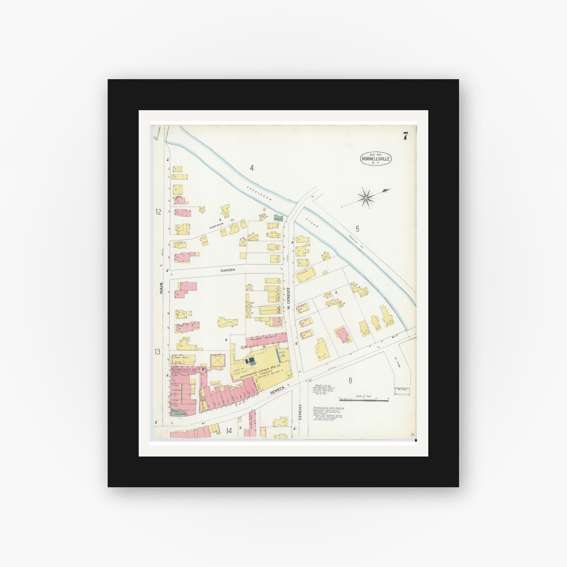 Old map wall art mockup — black gallery frame with white mat — Sanborn Fire Insurance Map from Hornell, Steuben County, New York (1904), Sheet #0007